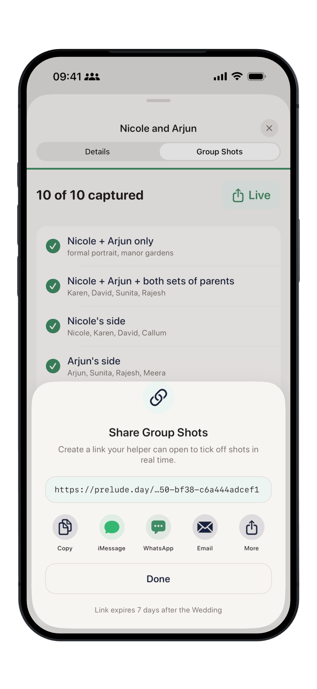 Group Shot Share screen with a live link, ten of ten captured