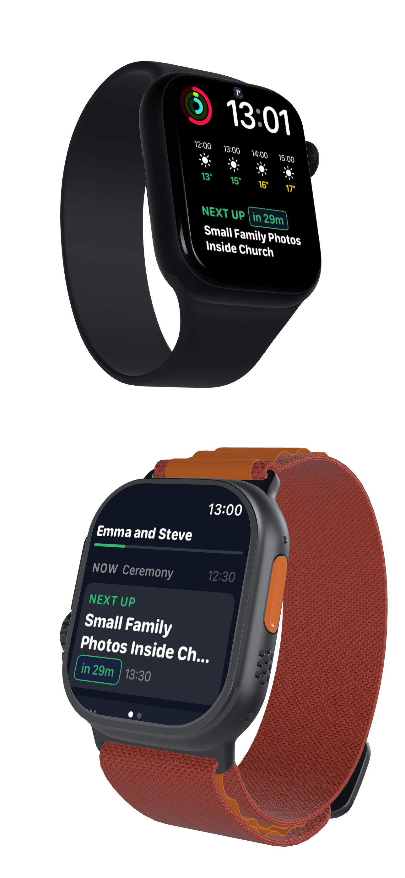 Apple Watch and Apple Watch Ultra showing Prelude next-up event